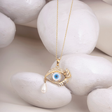 Evil Eye Design Gold-Plated Necklace with Pearl Drop Pendant for Women