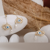 Evil Eye Gold-Plated Necklace Set with Pearl Drop & Matching Earrings for Women
