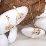 Evil Eye Gold-Plated Necklace Set with Pearl Drop & Matching Earrings for Women