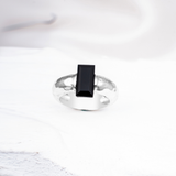 Modern Rectangular Black Stone Silver Ring for Women & Men