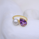 Gold-Tone Pearl & Purple Crystal Open Ring