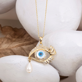 Evil Eye Design Gold-Plated Necklace with Pearl Drop Pendant for Women